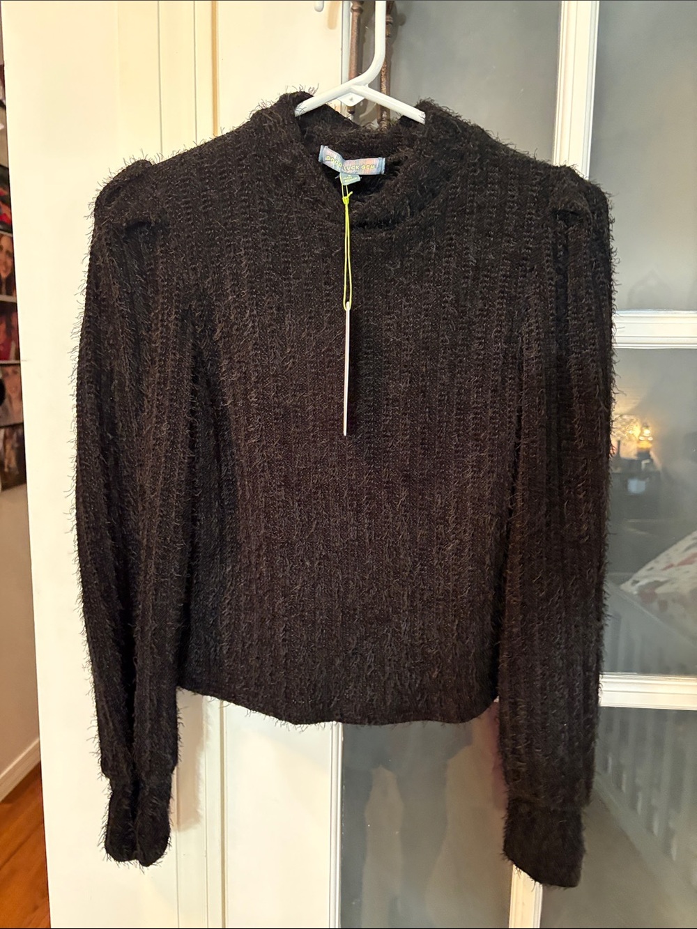 Good Luck Gem Black Fuzzy Mock Neck Sweater